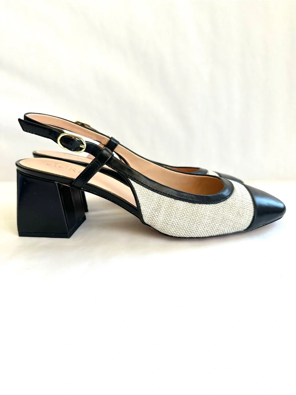 J.CREW MILLIE CAP-TOE ITALIAN LINEN/LEATHER BLOCK HEEL SLING BACK SHOES NEW Sz10